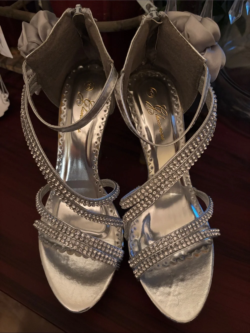 Glamour Silver Crystal-Strap Floral Accent High Heel Sandals